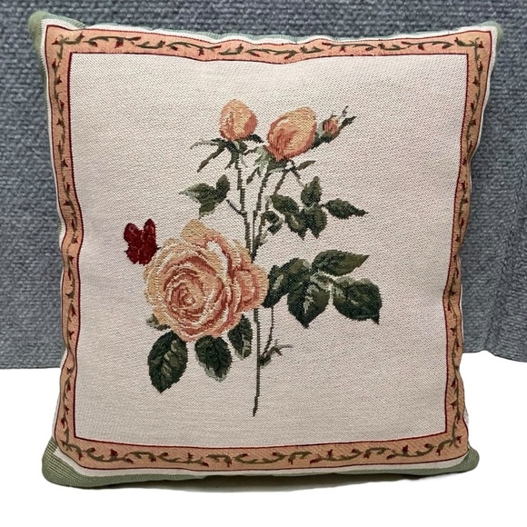 Pair of Vintage Rose Double-Sided Tapestry Pillows 13” x 13.5” - Picture 3 of 11